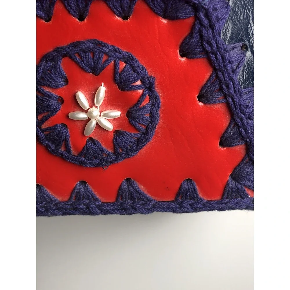 Vtg‎ 1970s Boho Purse Crochet Hexagon Patchwork Leather Handbag Hippie Red Blue